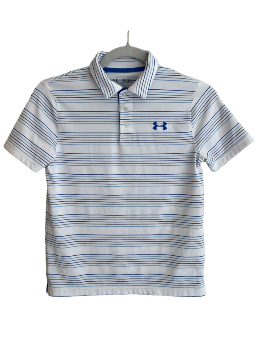 Under Armour Boys Youth M Striped Performance Golf Polo White Blue Loose Fit